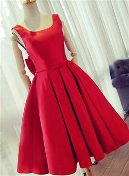 Picture of Cute Satin Bow Back Party Dress, Red Color Short Homecoming Dress